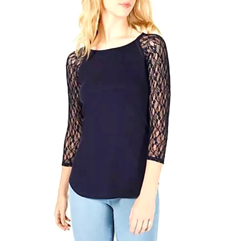 Navy Crave Fame by Almost Famous Juniors Lace Sleeved T-Shirt
